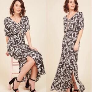 ModCloth Papier Film Festival Fete Short Sleeve Nature Print Maxi Dress Black 12
